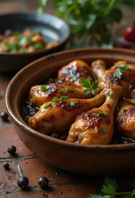 Adobo con carne, servido en salsa de soya y vino blanco, decorado con hierbas frescas