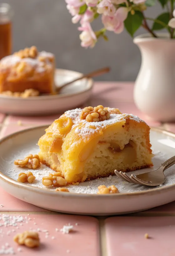 Pastel de manzana con miel espolvoreado con azúcar glass, servido en rebanadas