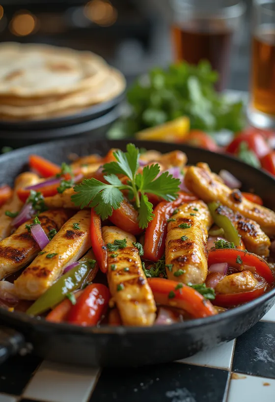 Fajitas de pollo con pimientos servidas en sartén
