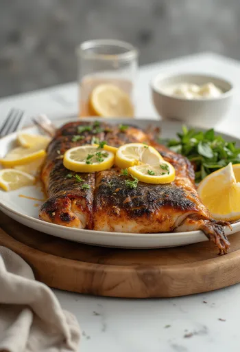 Trucha ahumada BBQ con piel crujiente servida con limón