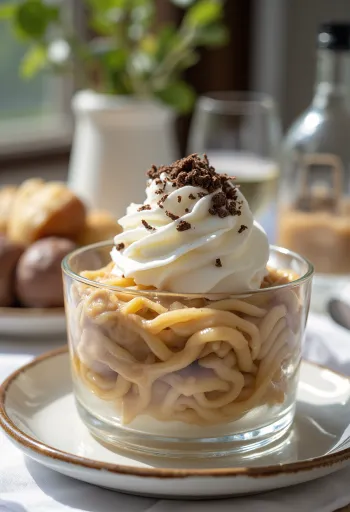 Puré de castañas decorado con crema batida y virutas de chocolate