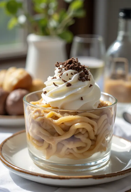 Puré de castañas decorado con crema batida y virutas de chocolate