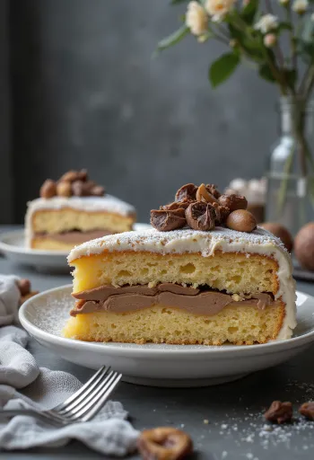 Pastel de castañas cortado en rebanadas, decorado con chocolate
