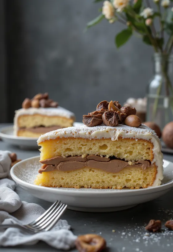 Pastel de castañas cortado en rebanadas, decorado con chocolate