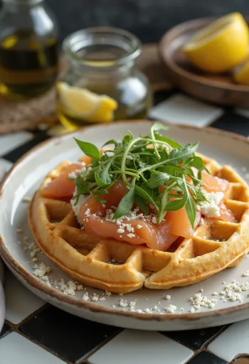 Waffle gourmet con salmón ahumado y queso de cabra