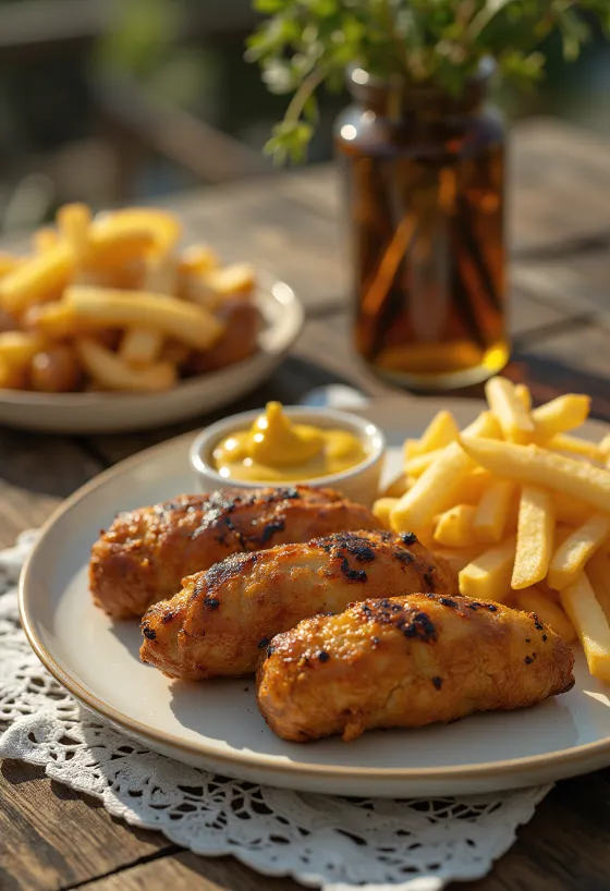 Mititei con papas fritas, servido con hierbas frescas