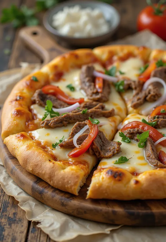 Pizza Philly Cheesesteak con tiras de carne y pimiento