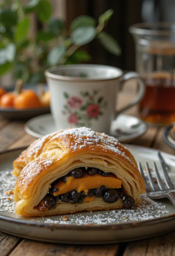 Strudel de calabaza y amapola horneado dorado, espolvoreado con azúcar glass