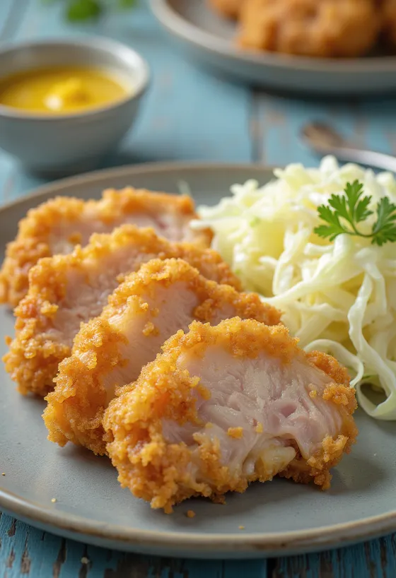 Tazón de tonkatsu con mostaza servido con muslos de pavo y col fresca