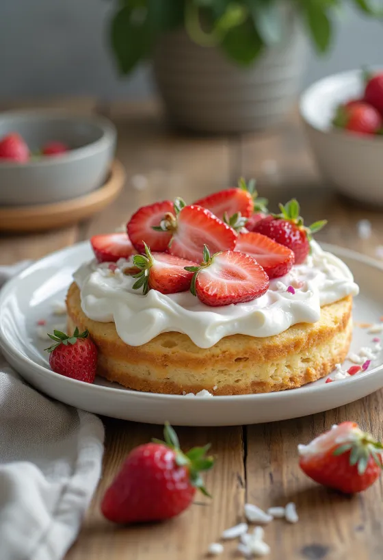 Pastel vegano de fresa servido