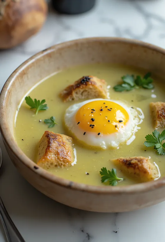 Sopa Açorda con ajo, pan, huevo y cilantro fresco