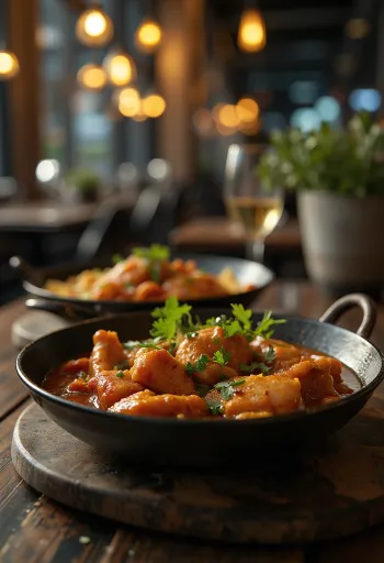 Pollo adobo con especias tandoori servido con cilantro fresco