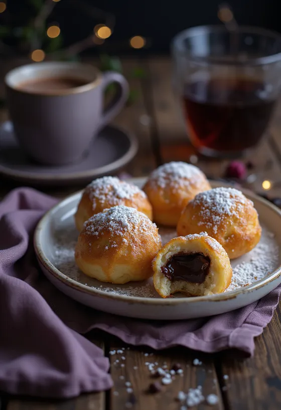 Æbleskiver recién horneado servido con crema de chocolate y azúcar glass