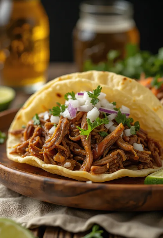 Barbacoa servida con tortillas y rebanadas de limón