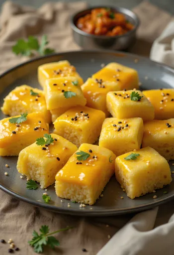 Dhokla de queso servido en trozos dorados con queso, especias frescas
