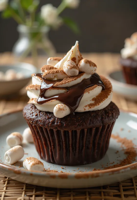 Cupcakes de chocolate con crema y malvaviscos recién horneados