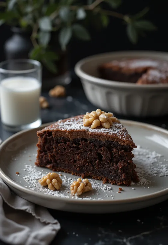 Bizcocho esponjoso de nuez y cocoa servido