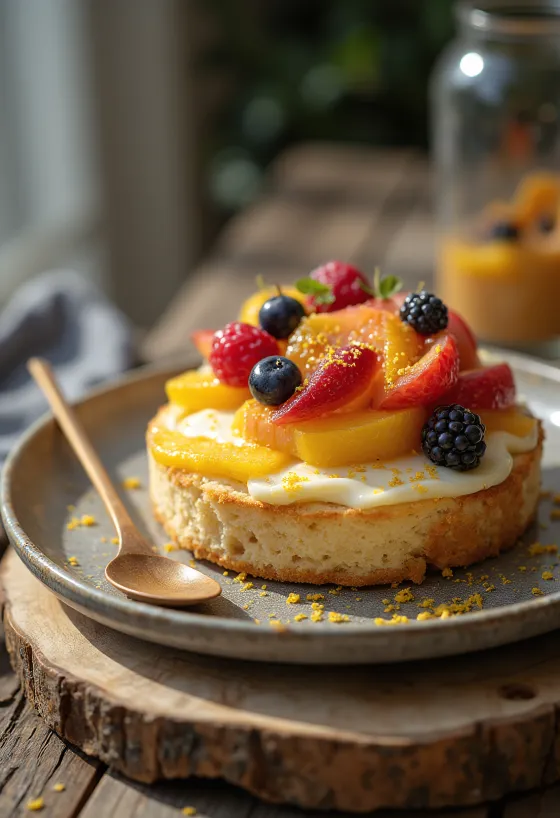Pastel de requesón con frutas servido en rebanadas