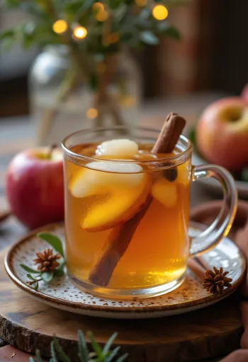 Una copa de ponche de manzana navideño con rodaja de naranja y rama de canela