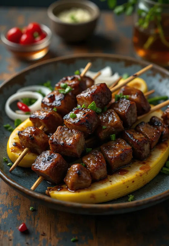 Satay de Chivo, carne de chivo a la parrilla en marinada de cacahuate