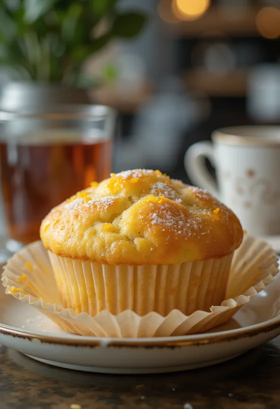 Muffins de naranja y vainilla espolvoreados con azúcar glass