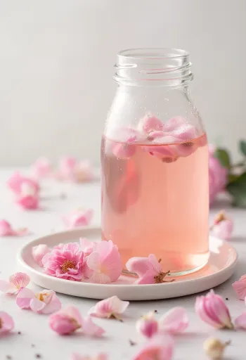 Kombucha probiótica de rosa en copa de vidrio, bebida rosa ligeramente burbujeante