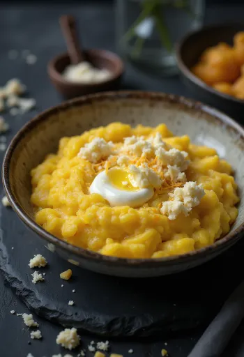 Polenta cremosa recién cocida servida con mantequilla y queso, en tabla de madera.