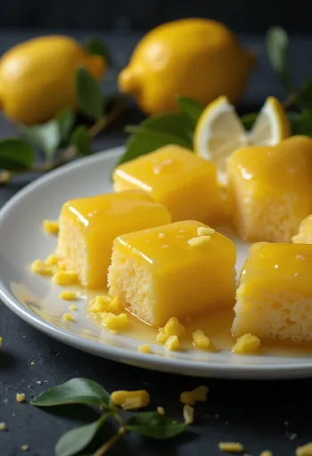 Pastel Revani bañado con jarabe de limón, cortado en rebanadas sobre una bandeja