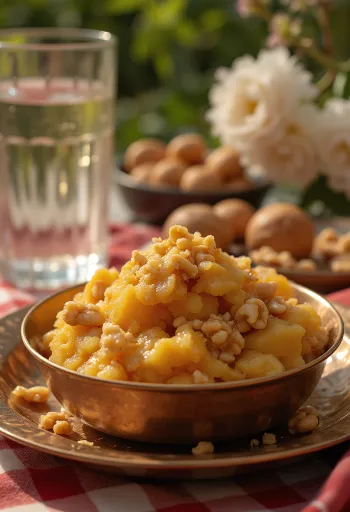 Aate ka Halwa con ricos sabores especiados, nuez tostada y agua de rosas.