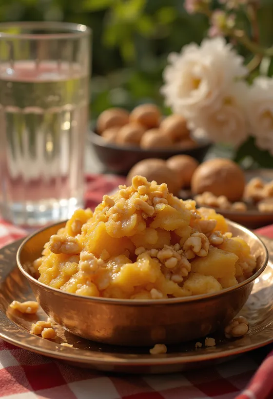Aate ka Halwa con ricos sabores especiados, nuez tostada y agua de rosas.