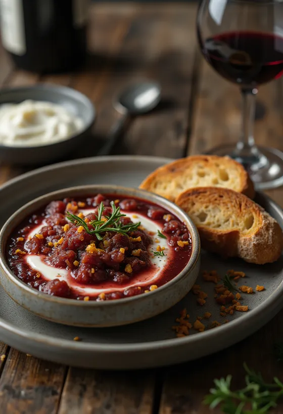 Bagna cauda al vino tinto, salsa de pescado al ajo, servida con perejil