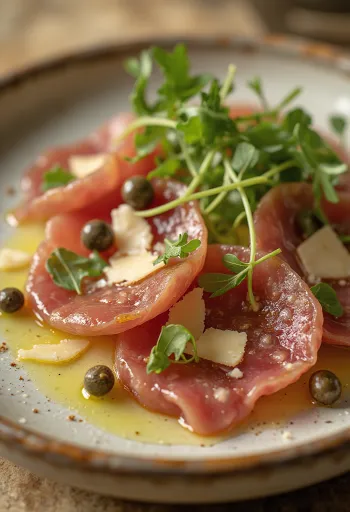 Carpaccio de res con trufa servido elegantemente