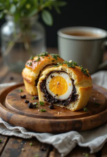 Muffin de black pudding con huevo, con huevo brillante encima