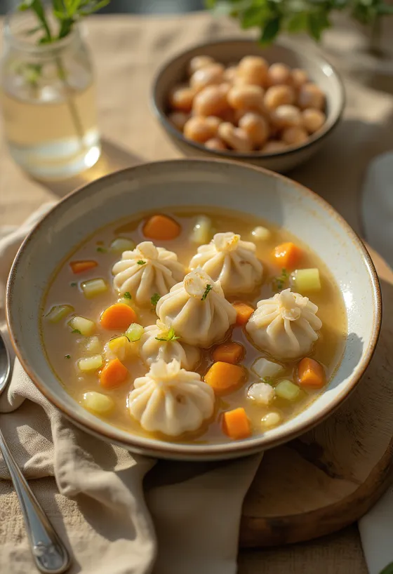 Chuchvara en caldo, servido con pasta rellena y perejil fresco