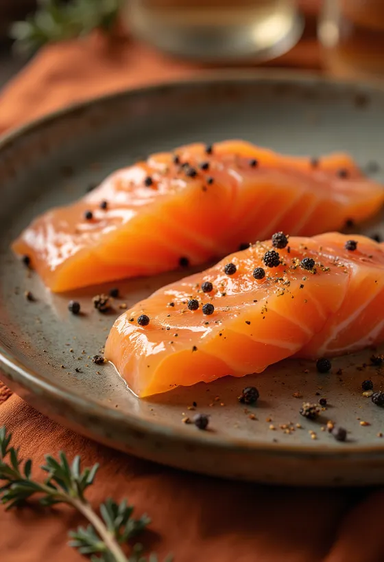 Gravlax con bayas de enebro servido con eneldo fresco y marinada especiada
