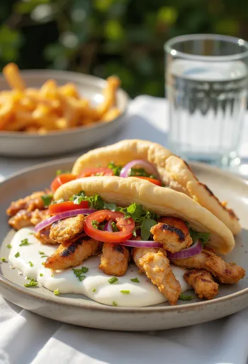 Gyros de pollo servido en pan pita