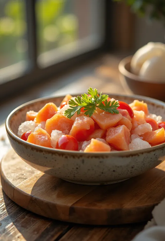 Lomi salmon con jitomate fresco y cebollín en un tazón, servido frío