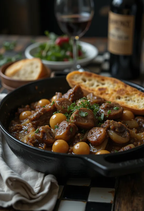 Boeuf Bourguignon, estofado de res al vino tinto servido con verduras