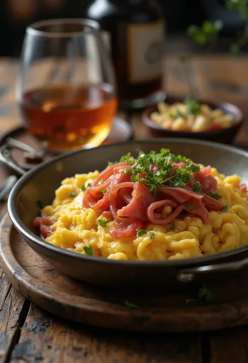 Menemen clásico con pastirma, desayuno turco con huevo, pimiento y tomate
