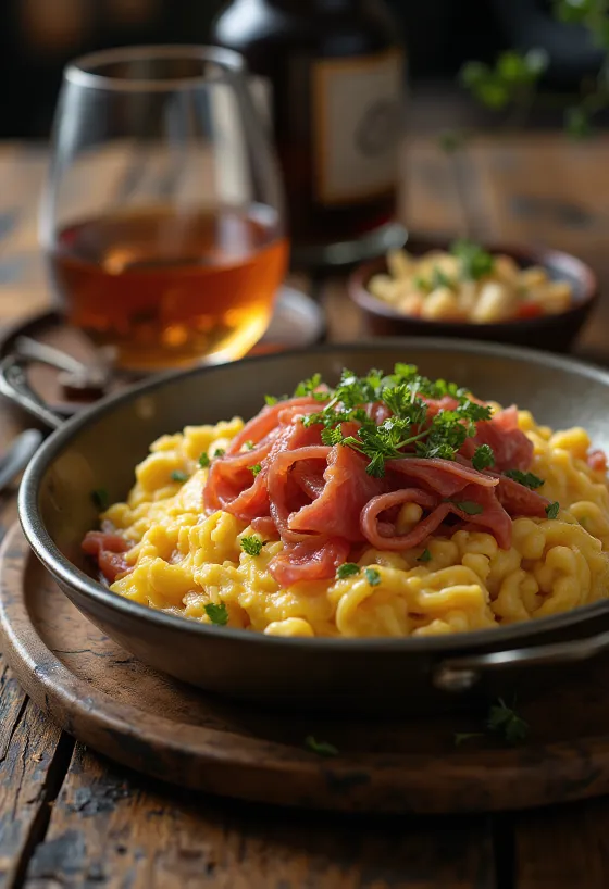 Menemen clásico con pastirma, desayuno turco con huevo, pimiento y tomate