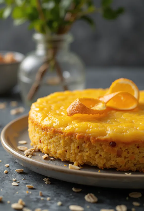 Pastel de naranja y avena servido