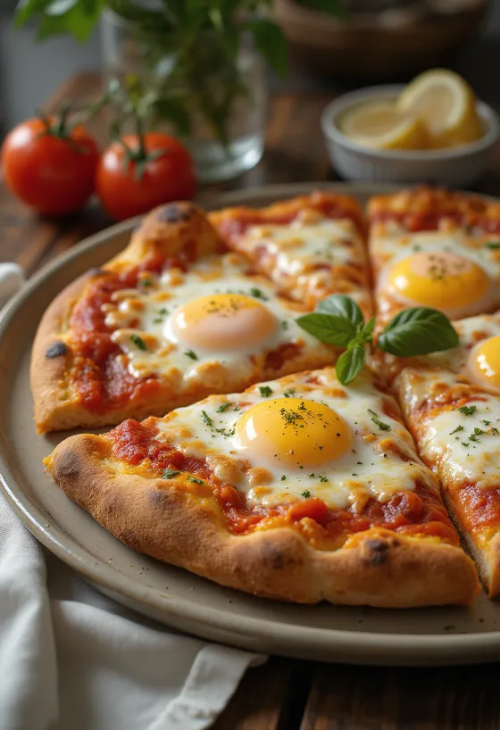 Pizza a Caballo con huevo estrellado, masa gruesa y mozzarella