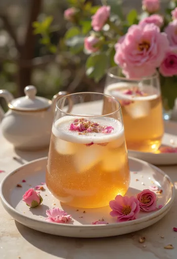 Kombucha con agua de rosas servida en vasos, decoración fina de pétalos de rosa