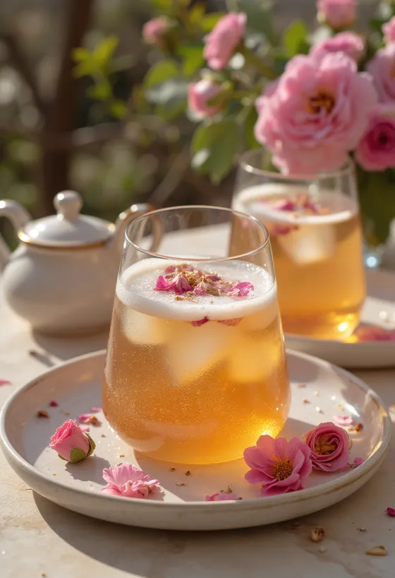 Kombucha con agua de rosas servida en vasos, decoración fina de pétalos de rosa