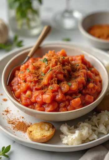 Salsa de jitomate con páprika y romero en un tazón, decorada con romero fresco y pimiento.