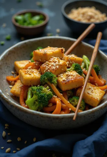 Bowl de tofu asado con vegetales servido