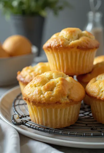 Muffin de requesón suave horneado dorado, espolvoreado con vainilla y azúcar glass