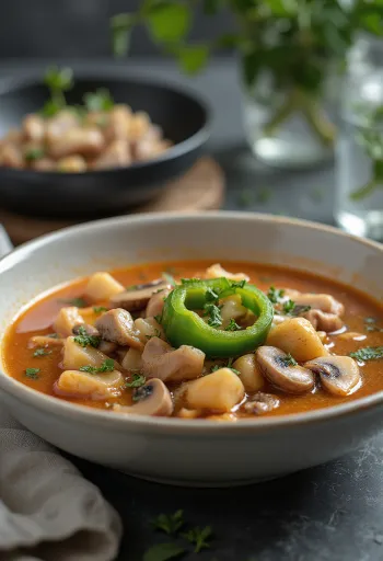 Sopa estilo Bakony servida con abundantes verduras y carne ahumada