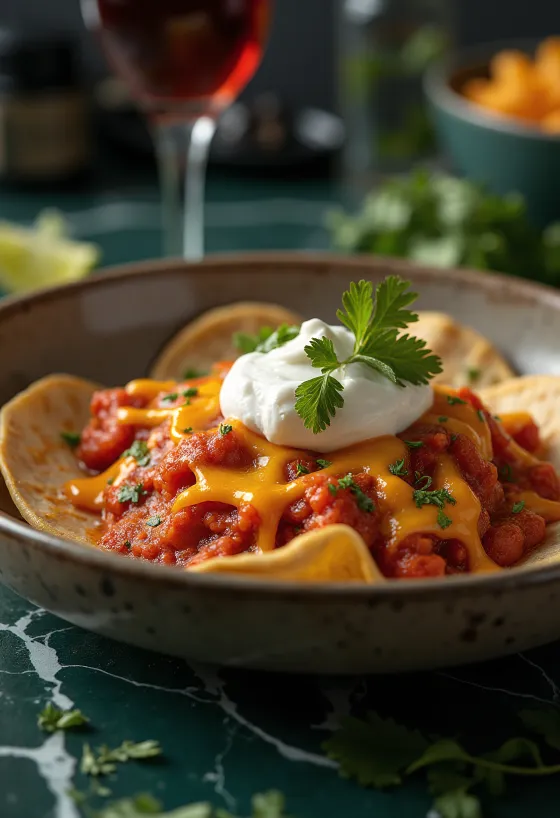 Chilaquiles rojos cubiertos con salsa de jitomate y chile, servidos con queso rallado y crema