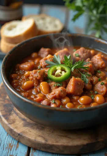 Goulash de frijoles tradicional húngaro servido generosamente con verduras y trozos de carne, decorado con crema y perejil
